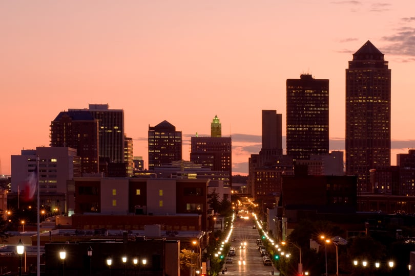 The Des Moines, Iowa, city skyline at sunset.