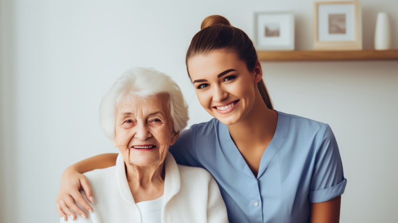 A Senior living patient with a happy caretaker